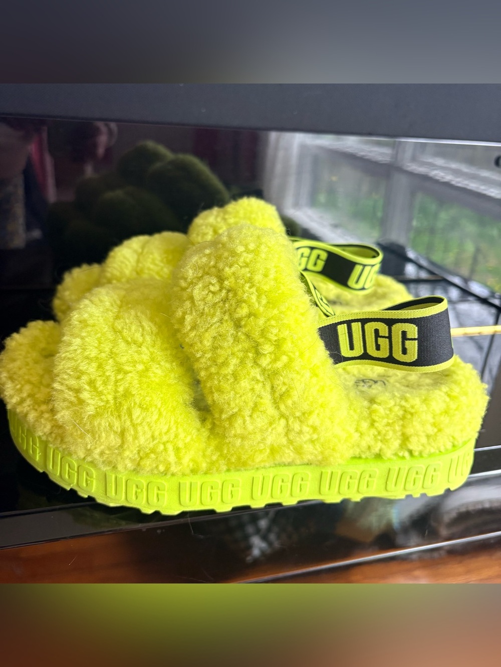 UGG Neon Yellow Fluff Slide with Branded Elastic Strap